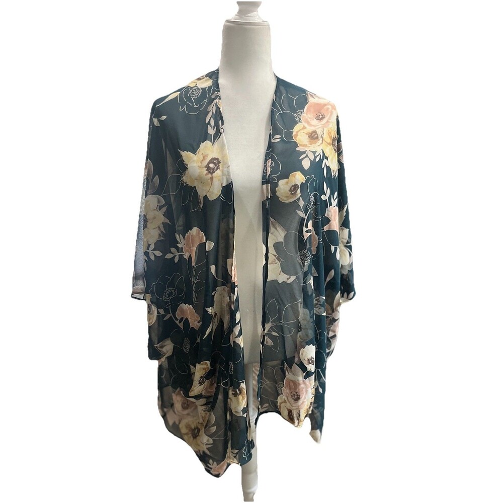 Emerald Teal Floral Sheer Lightweight Beach Swim Cover Up One Size